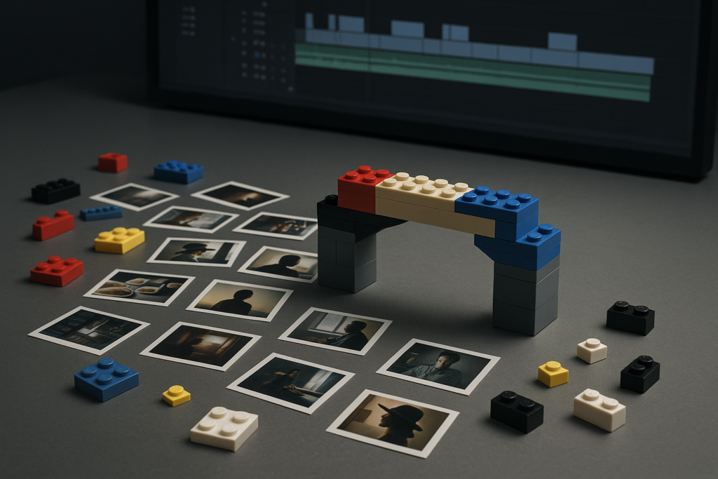 Losse LEGO-blokken en filmframes op een montagetafel vormen een brugachtige constructie naast een subtiele montagetijdlijn