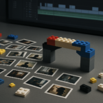 Losse LEGO-blokken en filmframes op een montagetafel vormen een brugachtige constructie naast een subtiele montagetijdlijn
